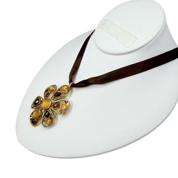 Yellow Austrian Crystal Large Flower Pendant Satin Necklace 22” Cottagecore - Picture 6 of 9